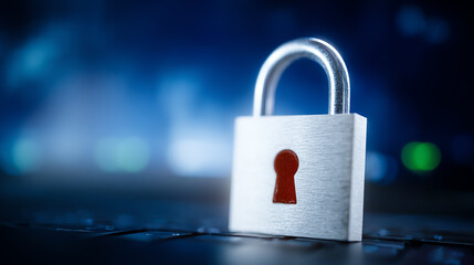 A close-up of a silver padlock with a red keyhole on a dark background, symbolizing security and protection in the digital world.