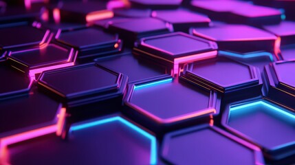 Abstract background of dark hexagons with neon pink and blue lighting close up view design