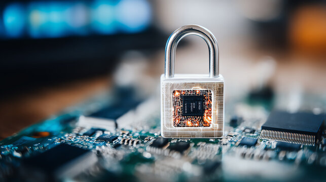 A close-up of a secure padlock on a microchip, symbolizing cybersecurity and digital protection.