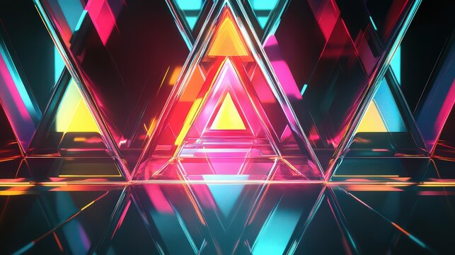 Abstract geometric tunnel with glowing neon triangles and reflective surface creating a futuristic vibe - Powered by Adobe