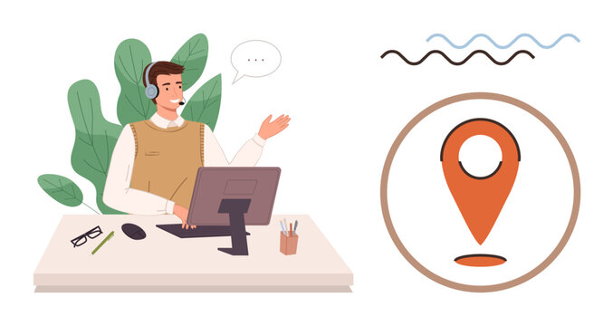 Agent using a computer headset gestures while speaking. Nearby location pin symbolizes services. Ideal for customer service, support, communication, help desk, navigation, remote work, simple flat