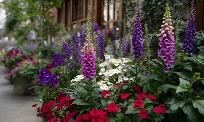  an english cottage garden filled with vibrant flowers like foxgloves, petunias, and lavender in various colors