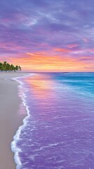 Fototapeta premium Vibrant Tropical Beach Sunset With Orange Pink Purple Sky Reflecting On Sparkling Ocean Waves And Palm Trees In The Distance On Sandy Shoreline