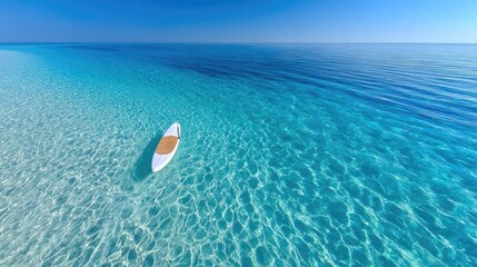 Aerial Drone Shot of a Lone Paddleboarder on Crystal Clear Turquoise Ocean Water Under Bright Sunlight Creating Sparkling Reflections