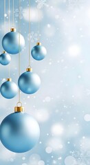 Holiday Winter Christmas Poster, light blue Christmas ornaments hanging from gold strings, with bokeh background, snowflakes
