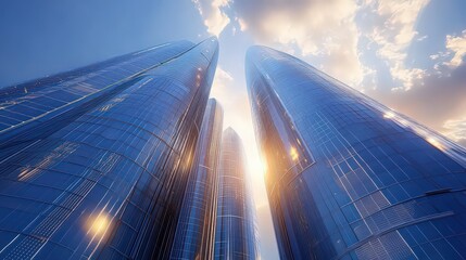 Low angle view of modern glass skyscrapers reaching towards a cloudy blue sky at sunset