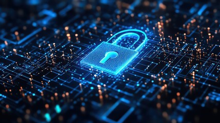 Illuminated blue padlock icon on a digital circuit board representing cybersecurity concept art