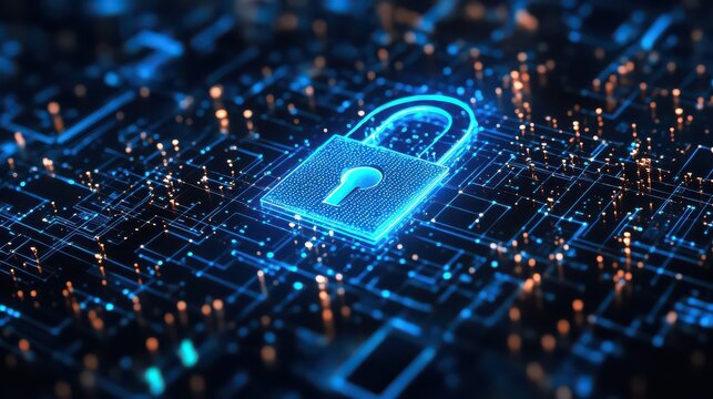 Illuminated blue padlock icon on a digital circuit board representing cybersecurity concept art