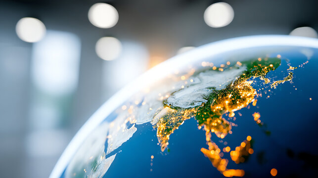 A close-up view of a globe highlighting Asia, emphasizing global connectivity and environmental awareness in a modern setting.