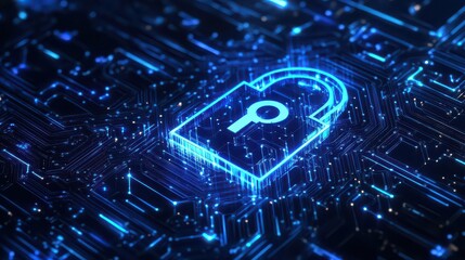 Glowing blue padlock icon on a dark circuit board representing digital security and data protection