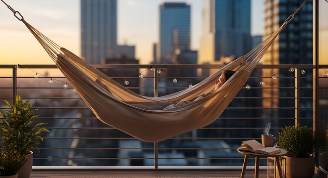Man relaxing in hammock on balcony with city view at sunset   - Powered by Adobe