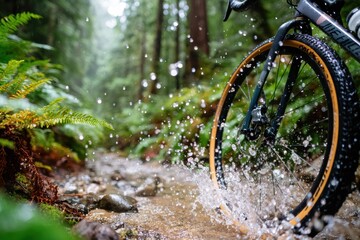Mountain biking adventure with splashing water, surrounded by lush green ferns and trees in a vibrant forest setting, showcasing the thrill of outdoor exploration