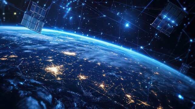A view of earth from space with satellites and network connections in a digital illustration