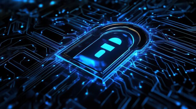 Glowing blue padlock on a circuit board representing cyber security and data protection concept art