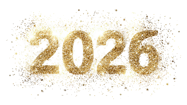 Minimal Golden 2026 Typography with Festive Glow New Year Plaque on Transparent Background