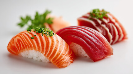 Minimal Side Angle Sushi Set Salmon Nigiri and Tuna Sashimi on Transparent Background
