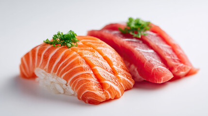Minimal Side Angle Sushi Set Salmon Nigiri and Tuna Sashimi on Transparent Background