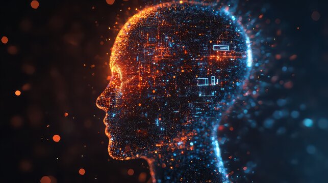 Digital human head profile with glowing circuitry and particle effects on a dark background