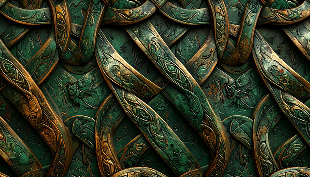 Intricate Celtic knotwork pattern with interwoven bronze and green elements.