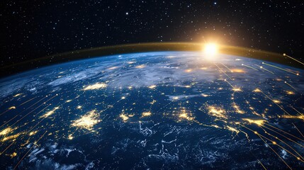 A view of earth from space showing city lights and the sunrise over the planet's horizon