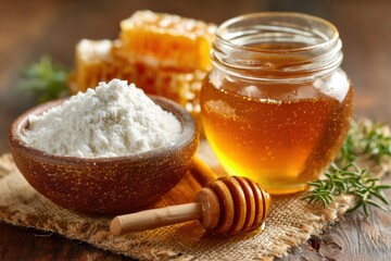 Natural Sweetener Ingredients Featuring Honey, Sugar, and Honeycomb on Wooden Table for Culinary and Health Use in Homemade Recipes and Wellness Practices
