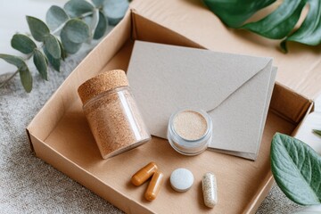 Natural Wellness Arrangement with Herbal Supplements, Essential Oils, and Eco-Friendly Packaging for Holistic Health Lifestyle and Mindful Living