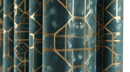 Modern Teal Fabric Curtains with Shimmering Gold and Bronze Geometric Pattern on Transparent Background