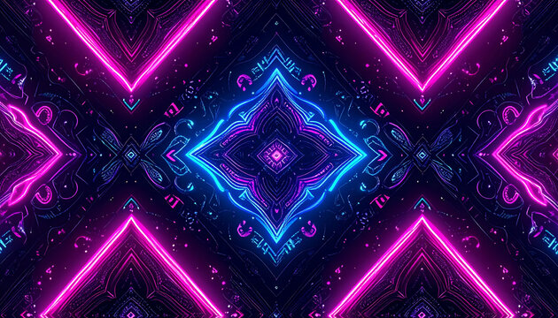 Symmetrical abstract design featuring neon pink and blue geometric patterns against dark background.