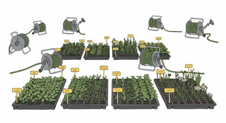 Gardening equipment and seedling trays with various plants.