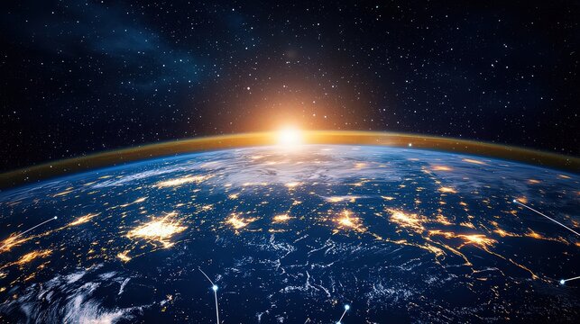 Earth from space with city lights at night and sunrise over the horizon in a starry sky view