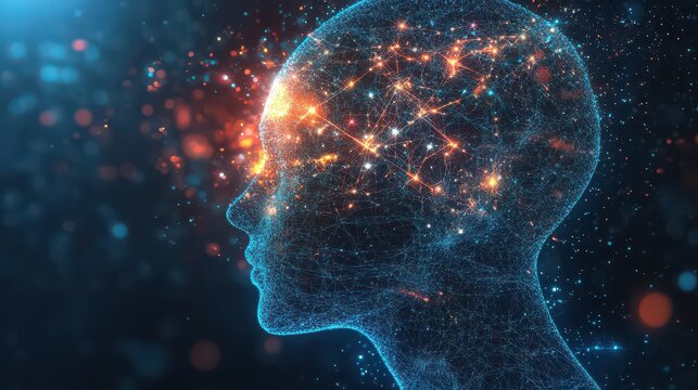 Abstract human head with glowing neural network connections and particle effects on dark background