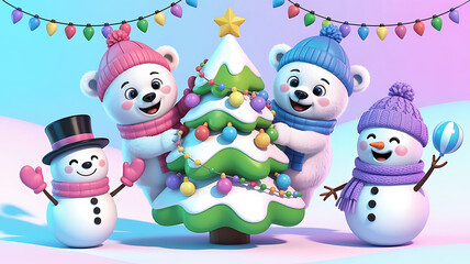 Cute cartoon snowman illustration on a blue background for Christmas winter holiday decoration. Snowman party.