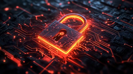 A glowing padlock on a dark circuit board with red lines representing data flow and security measures