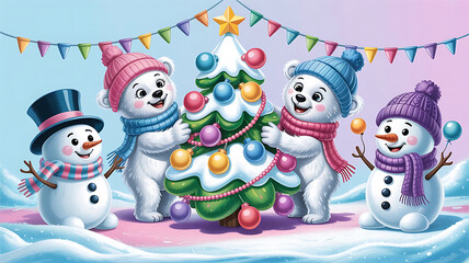 Happy winter holiday snowman decoration on the snow, wearing a hat and scarf for a festive Christmas season celebration. Snowman party.