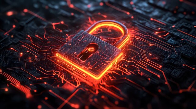 A glowing padlock on a dark circuit board with red lines representing data flow and security measures - Powered by Adobe