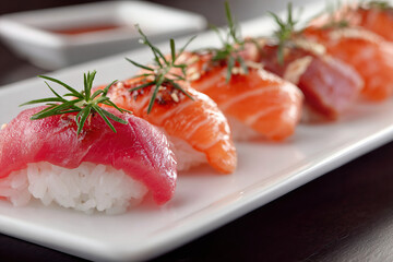 Side View of Salmon Nigiri with Tuna Sashimi Slices on Transparent Background