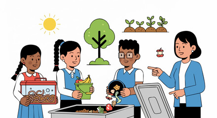 Children and teacher learning about composting and environmental education.