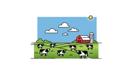 Cartoon cows grazing in a field with barn and sunny sky illustration