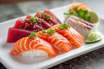 Side View of Salmon Nigiri with Tuna Sashimi Slices on Transparent Background
