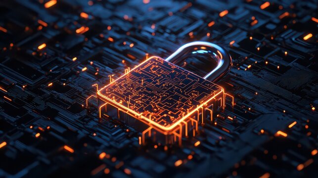 Illuminated padlock on a circuit board with glowing orange lines and dark blue background with lights