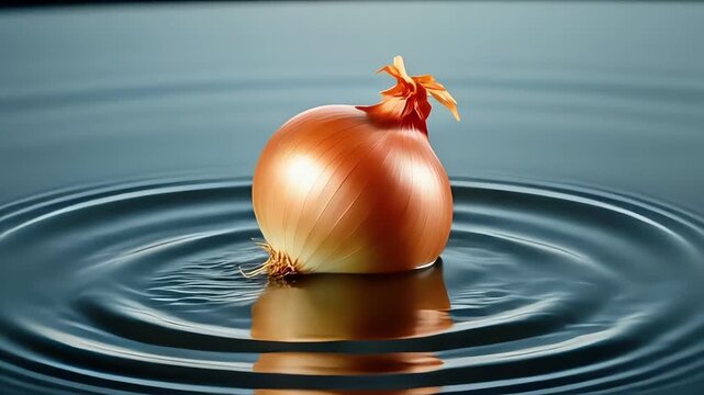 Macro footage of a golden onion descending gracefully onto still water, creating mesmerizing ripples and suspended droplets that shimmer in professional studio lighting - Powered by Adobe