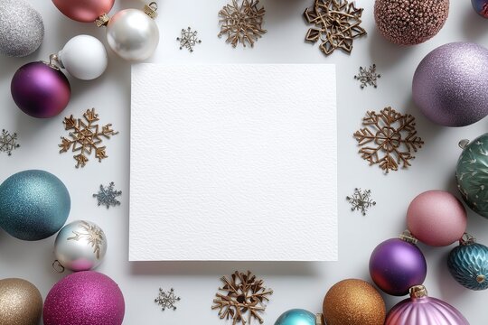 Festive holiday blank card surrounded by colorful christmas ornaments and snowflakes