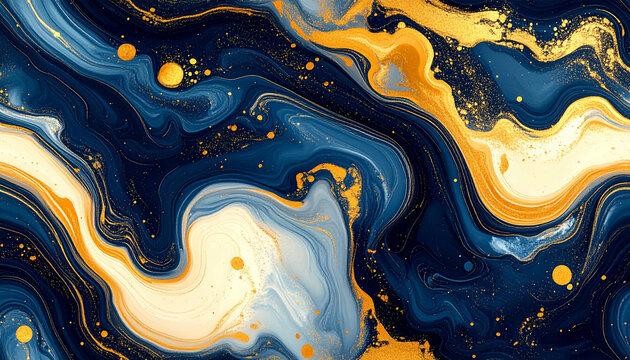 Abstract swirling pattern of dark blue, gold, and white, resembling marble or fluid art.