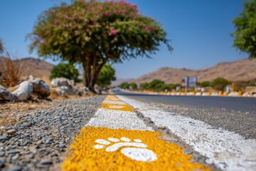 Peaceful Roadside Scene with Colorful Tree and Footprint Markings on the Open Road Surrounded by Rocky Terrain and Blue Sky in a Serene Landscape