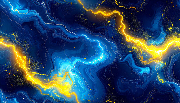 Abstract digital art depicting swirling blue and gold patterns, resembling lightning or energy currents. - Powered by Adobe