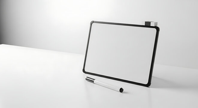 Clean blank dry-erase board with marker and eraser, poised for brainstorming, creative planning, and effective communication in a bright, minimalist professional setting