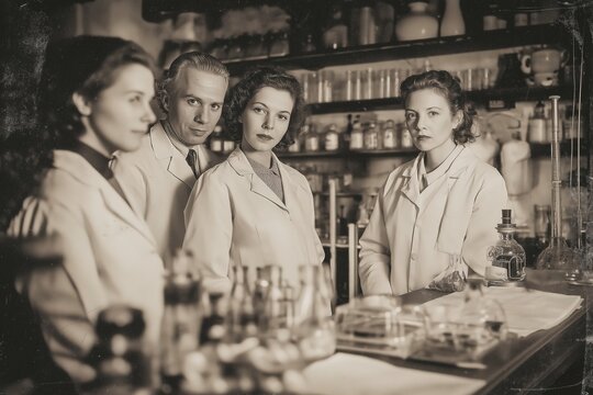 Vintage laboratory scene with adult caucasian scientists in white coats