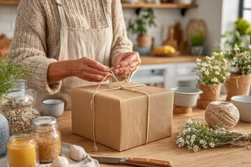 Person in cozy sweater wrapping a gift box with natural twine in a warm, inviting kitchen surrounded by fresh herbs and rustic decor elements for a charming atmosphere