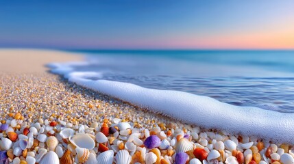 Close up of colorful seashells and pebbles on a sandy beach with gentle ocean waves washing ashore during a soft pastel sunset sky.