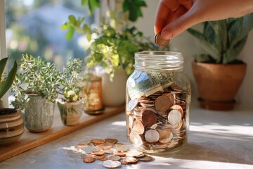 Person placing a coin into a glass jar filled with assorted coins, surrounded by lush green plants on a bright sunlit table, showcasing the theme of saving money and financial growth.